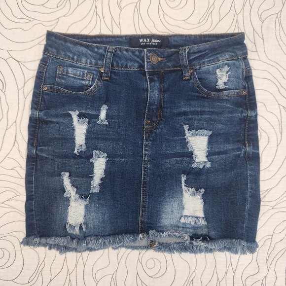 [S] Ripped Denim Wax Jeans Mini Skirt - Picture 1 of 8